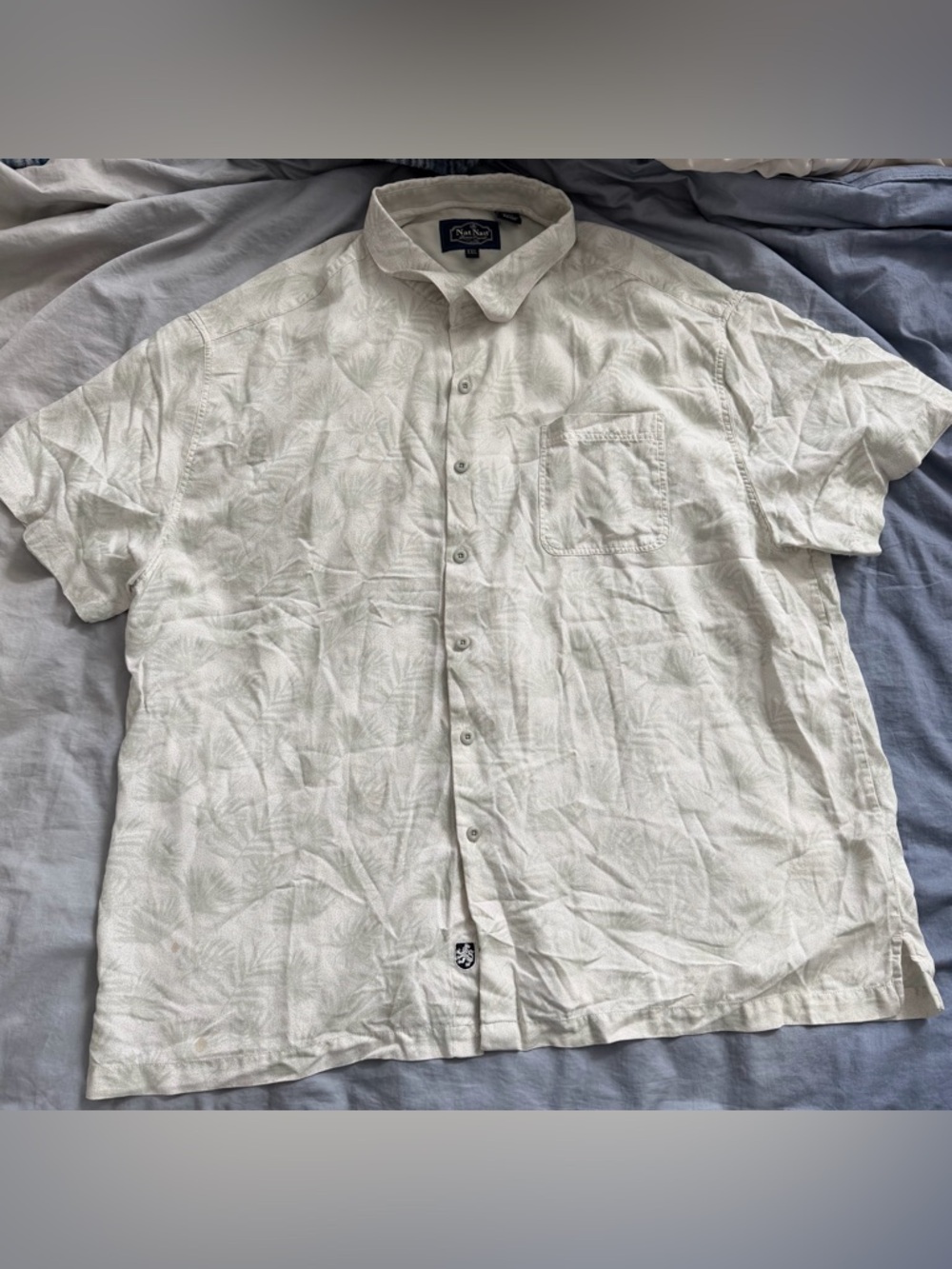 Nat Nast Light Green Palm-Print Short Sleeve Button-Up Silk Cotton Shirt